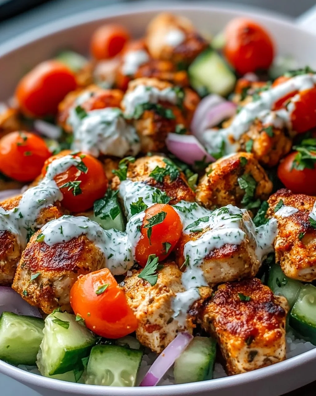 Air Fryer Griechische Chicken Bowl Bites mit Tzatziki-Sauce