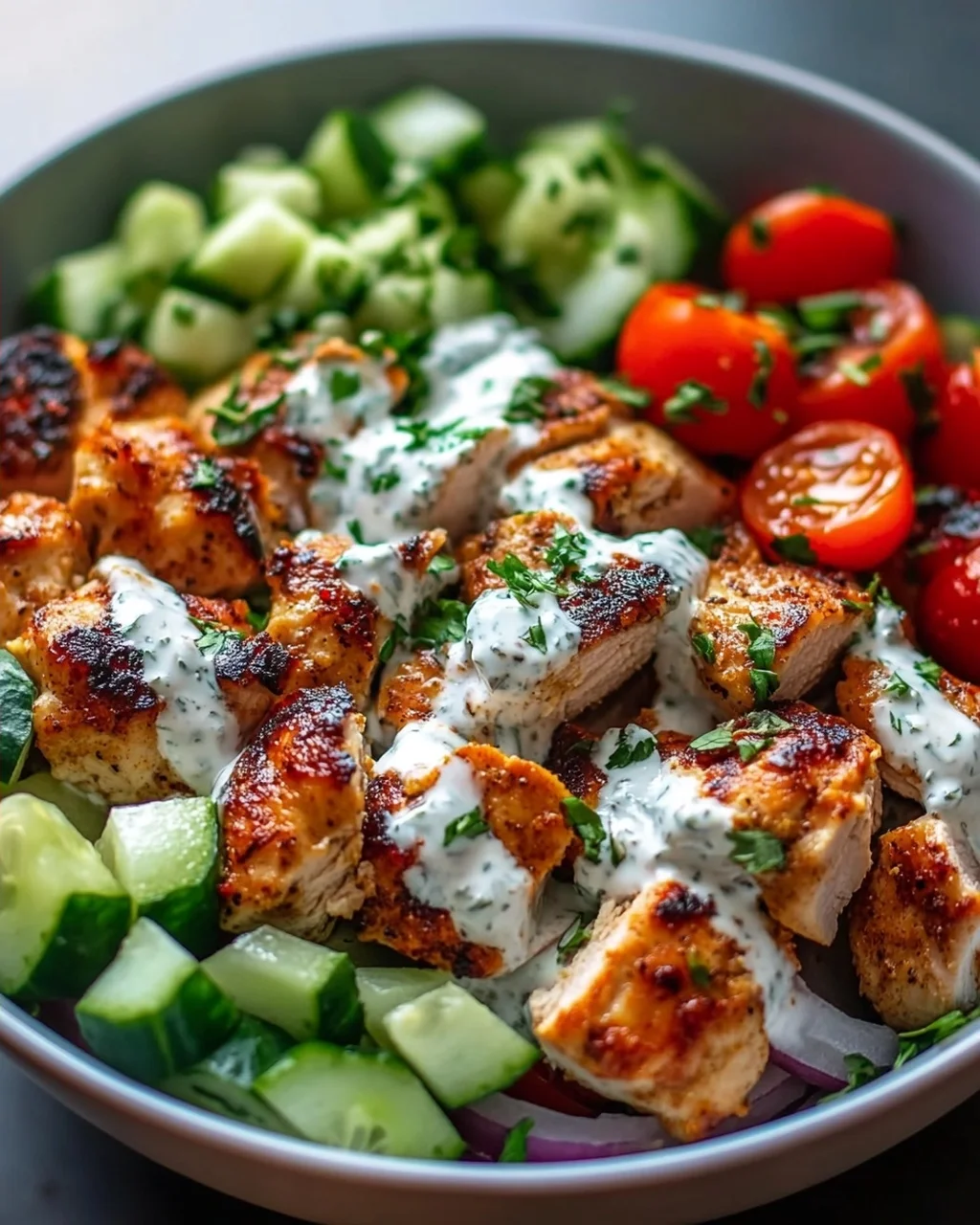 Air Fryer Griechische Chicken Bowl Bites mit Tzatziki-Sauce