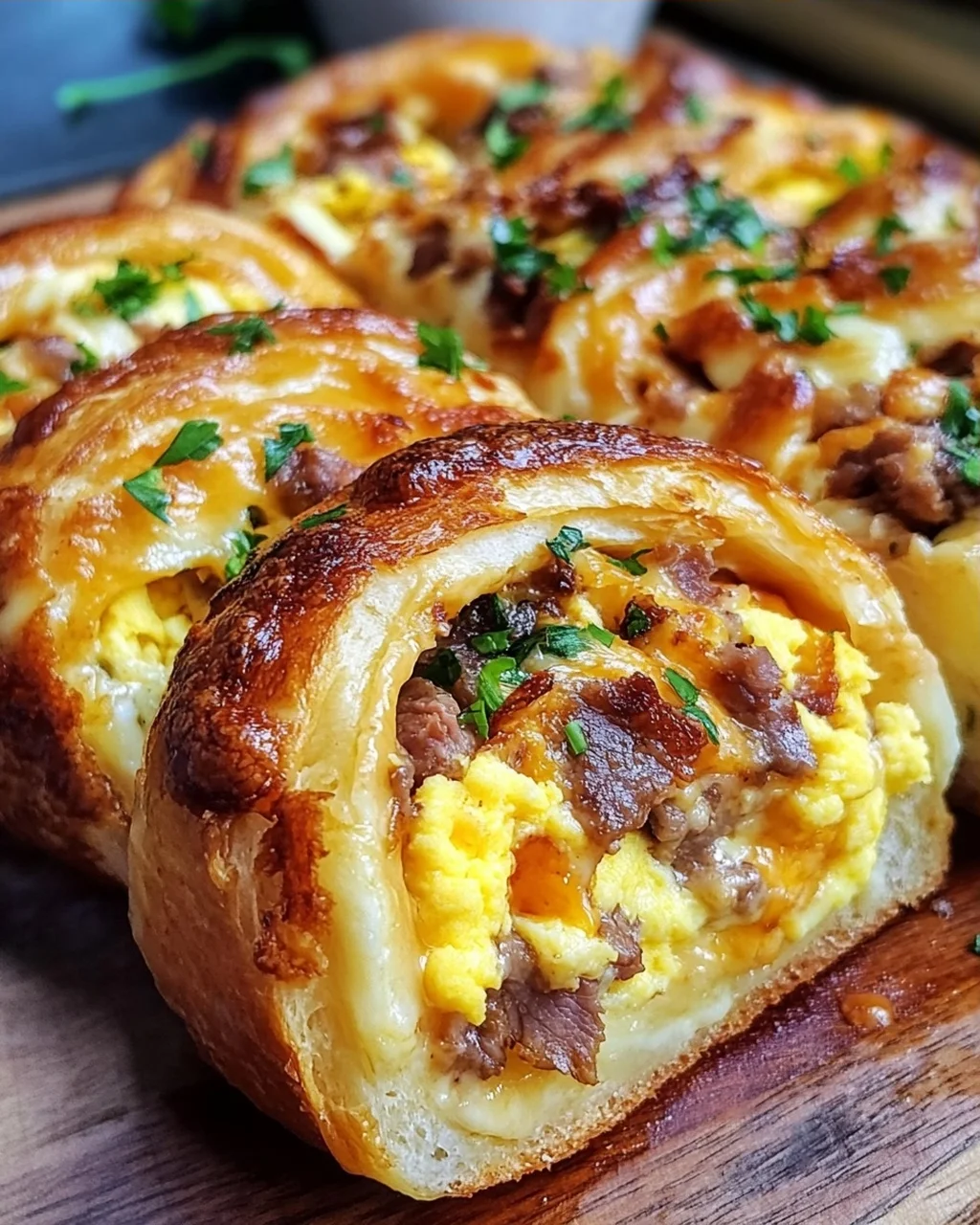 Frühstücksrollen mit Rührei, Käse und Speck