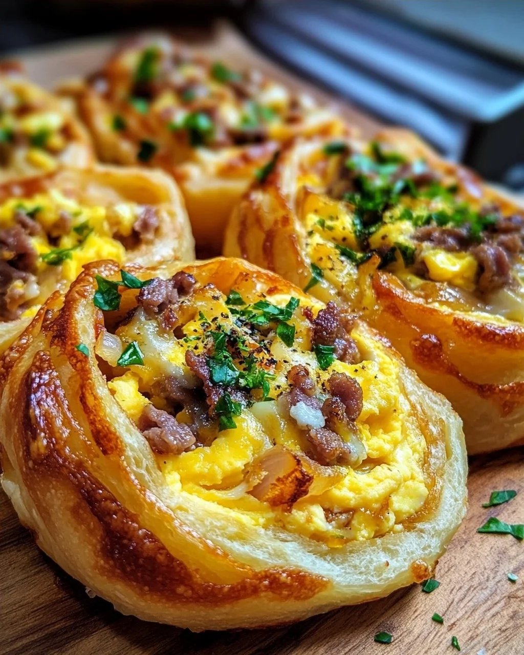 Frühstücksrollen mit Rührei, Käse und Speck
