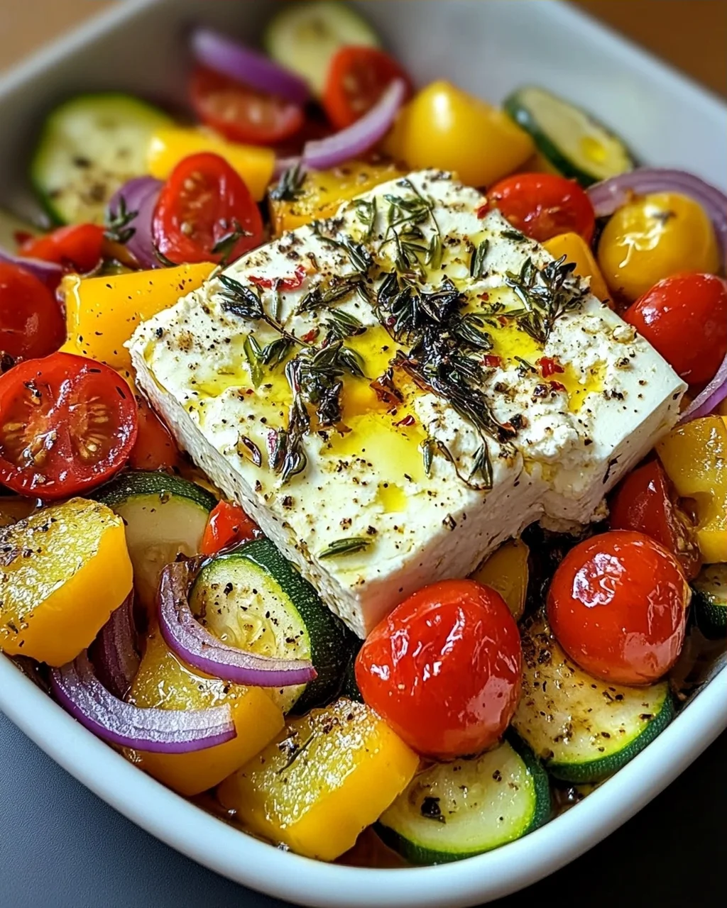 Gebackener Feta auf mediterranem Gemüse (Low Carb)