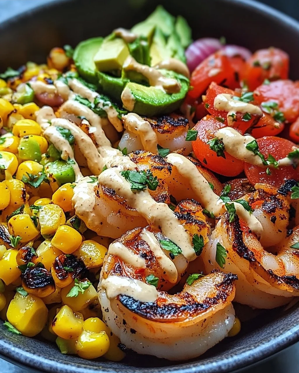 Gegrillte Garnelen Bowl mit Avocado Mais-Salsa & Cremiger Sauce