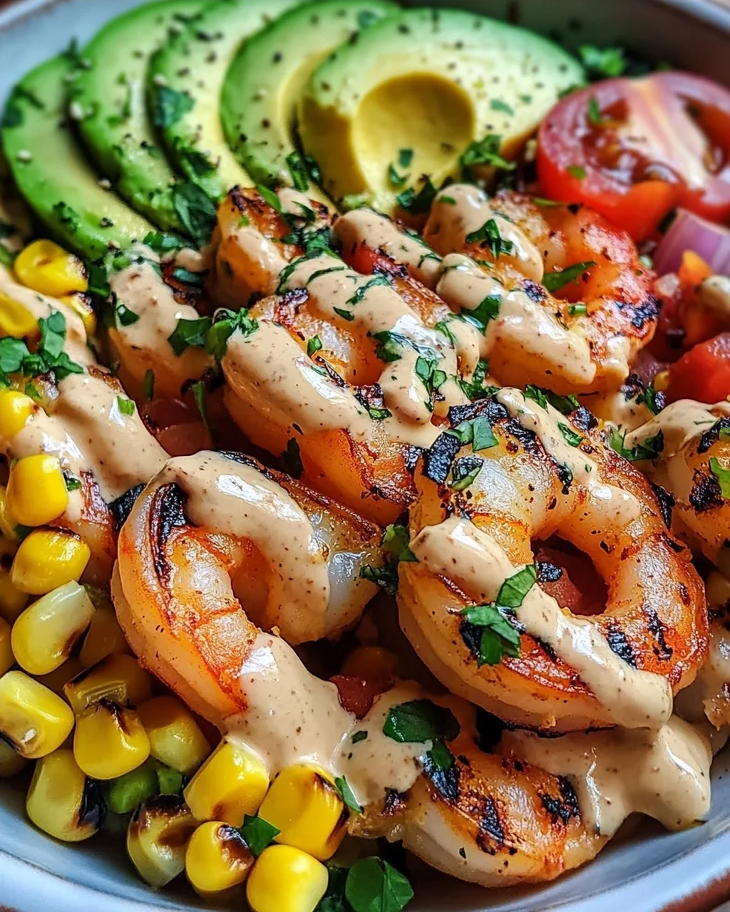 Gegrillte Garnelen Bowl mit Avocado Mais-Salsa & Cremiger Sauce