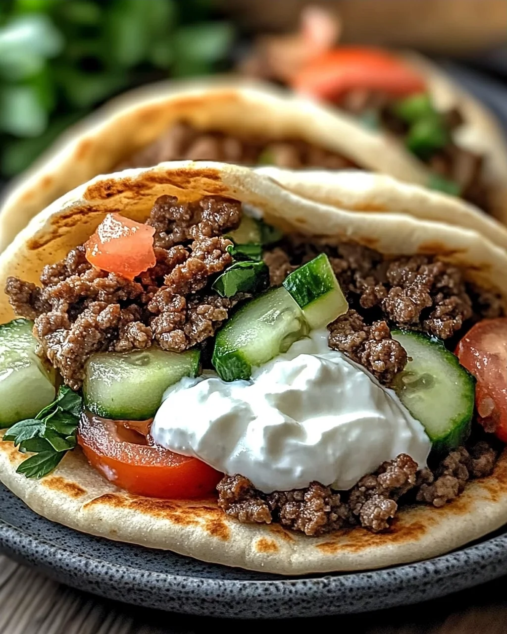Griechische Rindfleisch gefüllte Pita mit Joghurt
