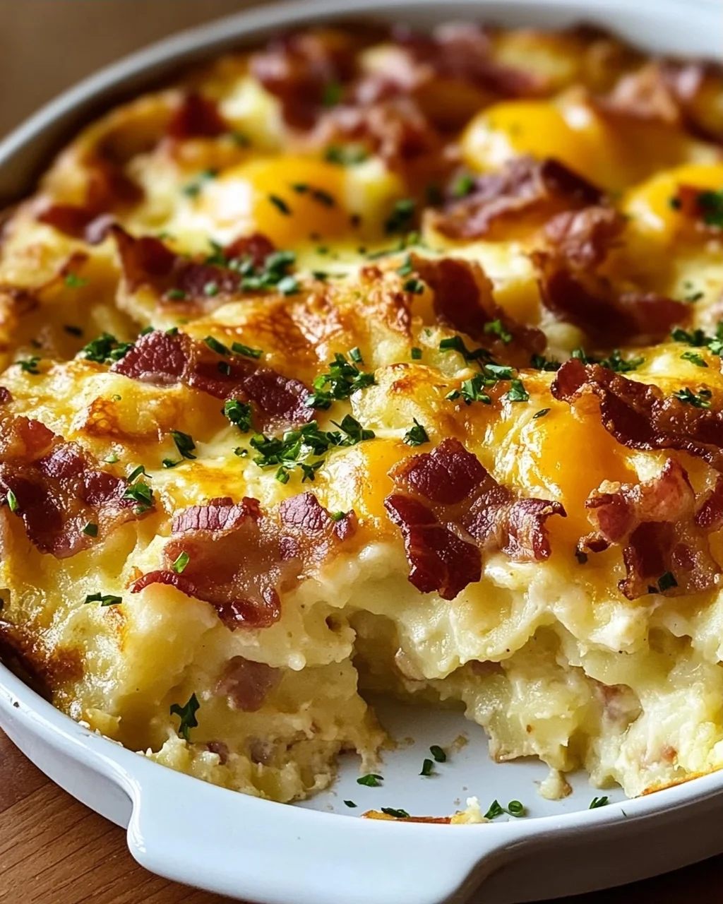 Kartoffelknödel-Frühstücks-Auflauf mit Rinderbacon & Ei