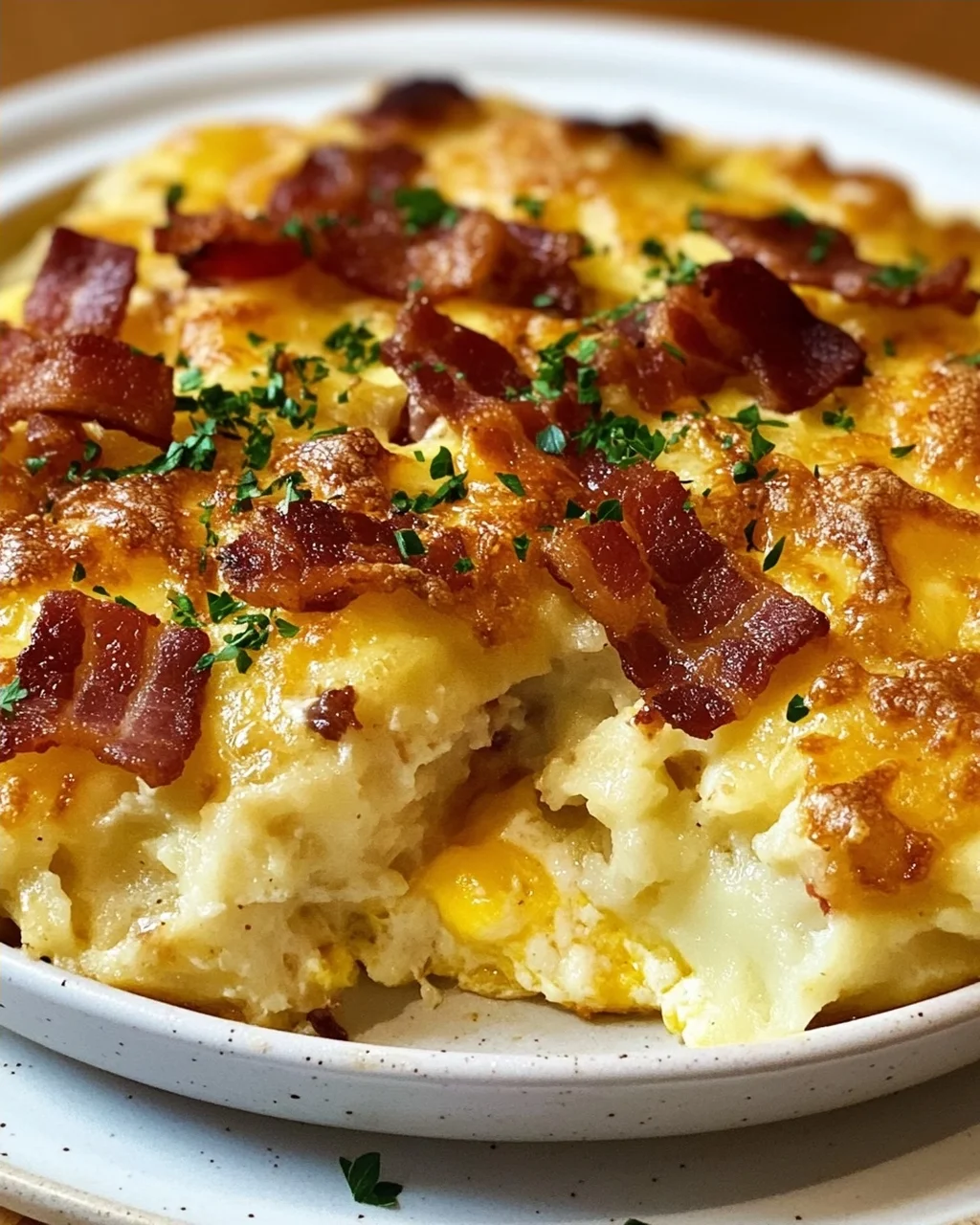 Kartoffelknödel-Frühstücks-Auflauf mit Rinderbacon & Ei