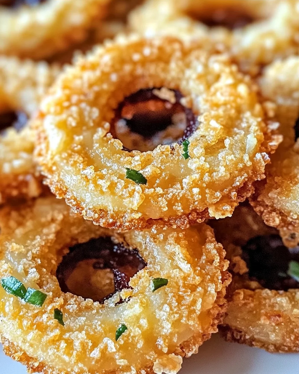 Knusprige käseüberzogene Zwiebelring-Chips genießen