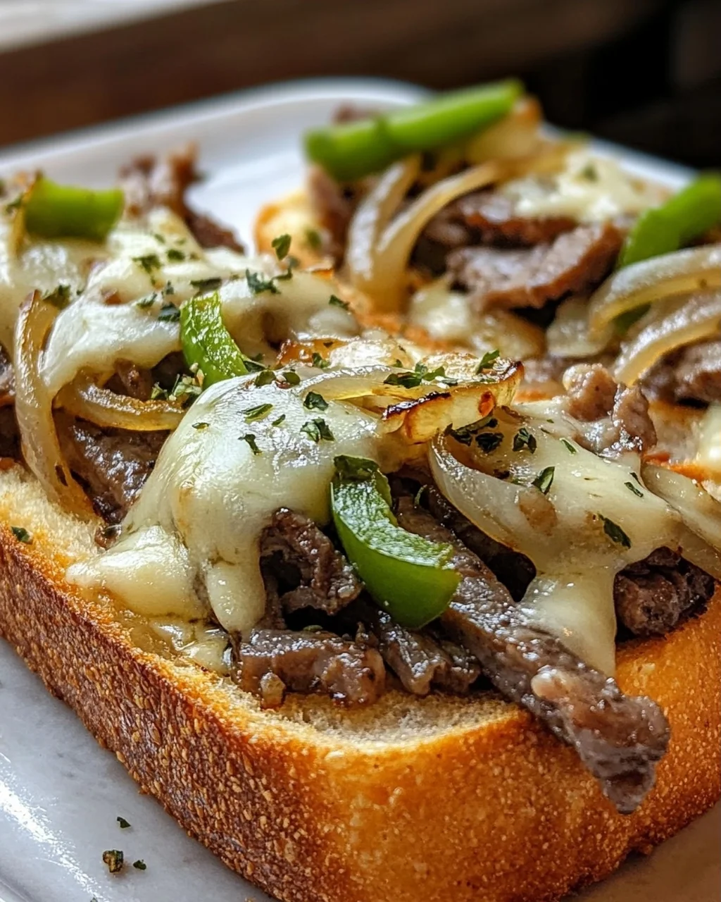 Köstliches Offenes Cheesesteak Sandwich mit Knoblauchbrot