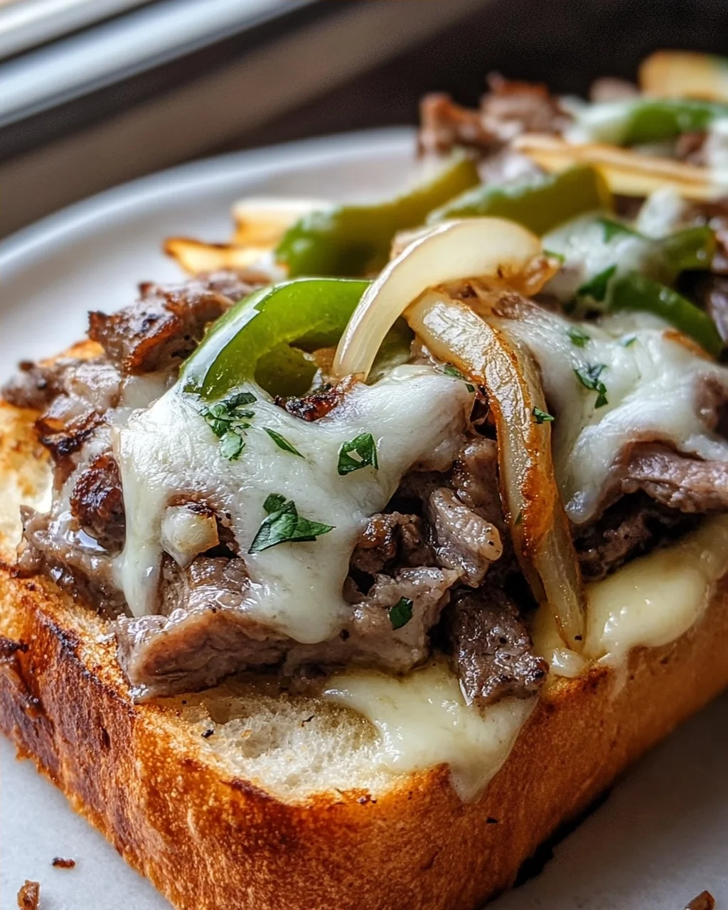 Köstliches Offenes Cheesesteak Sandwich mit Knoblauchbrot