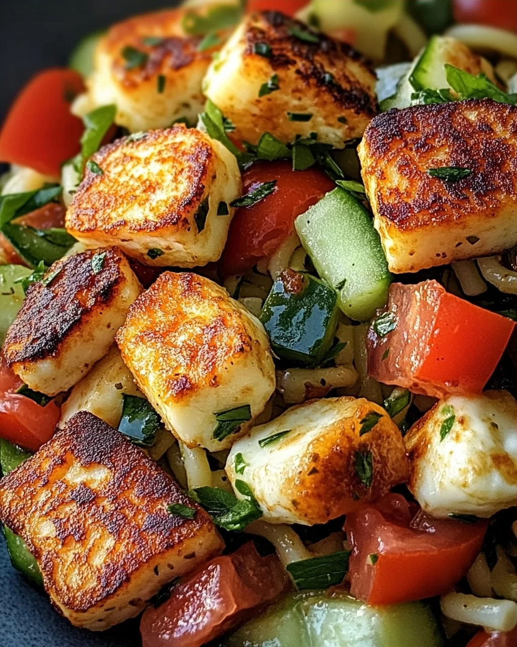 Kritharaki-Salat mit Halloumi-Croutons