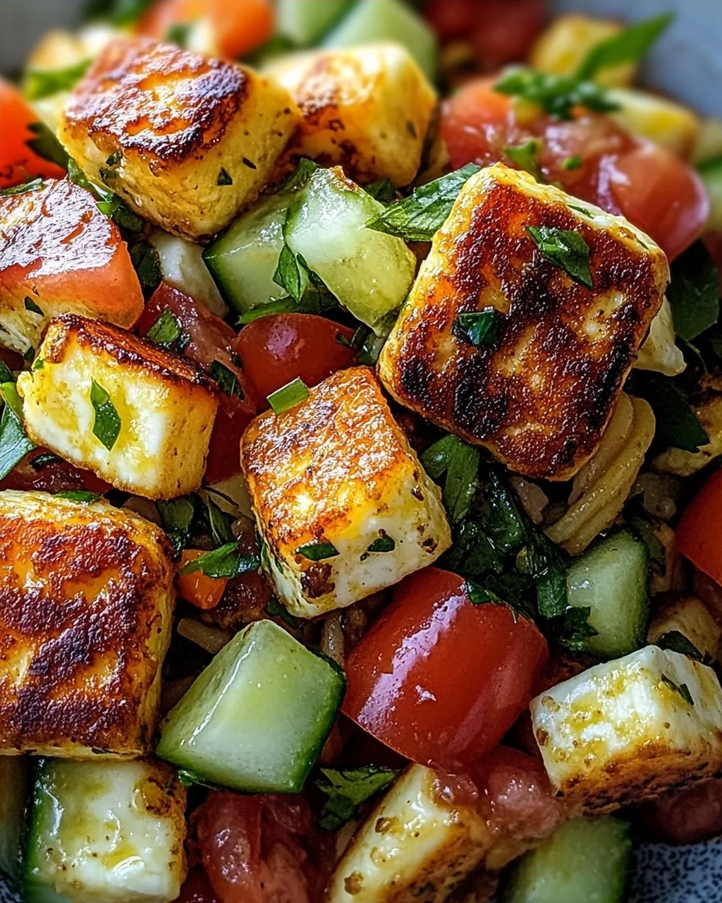 Kritharaki-Salat mit Halloumi-Croutons