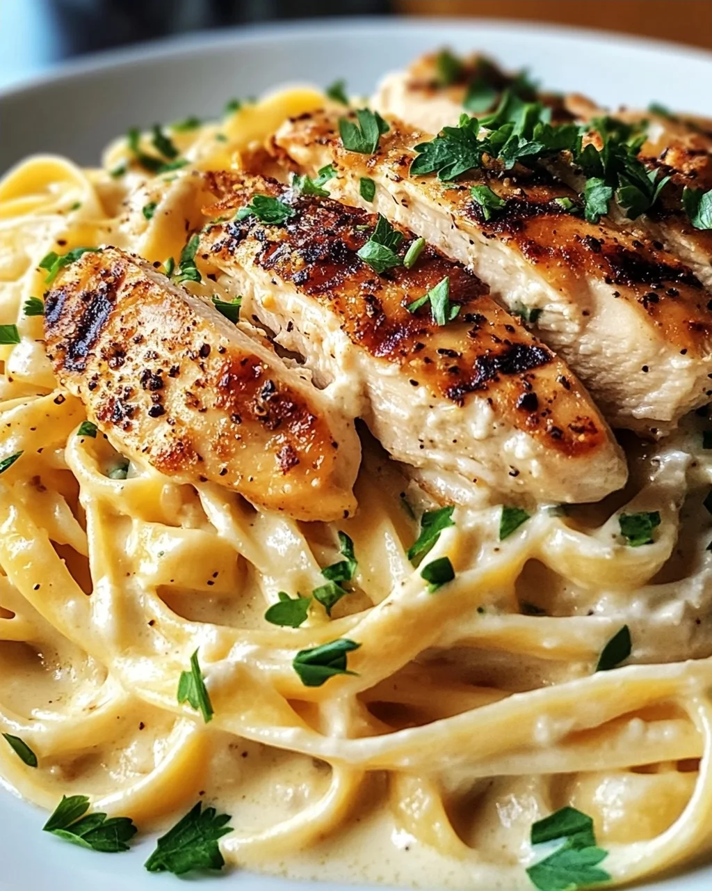 Pasta Alfredo mit gebratenem Hähnchen