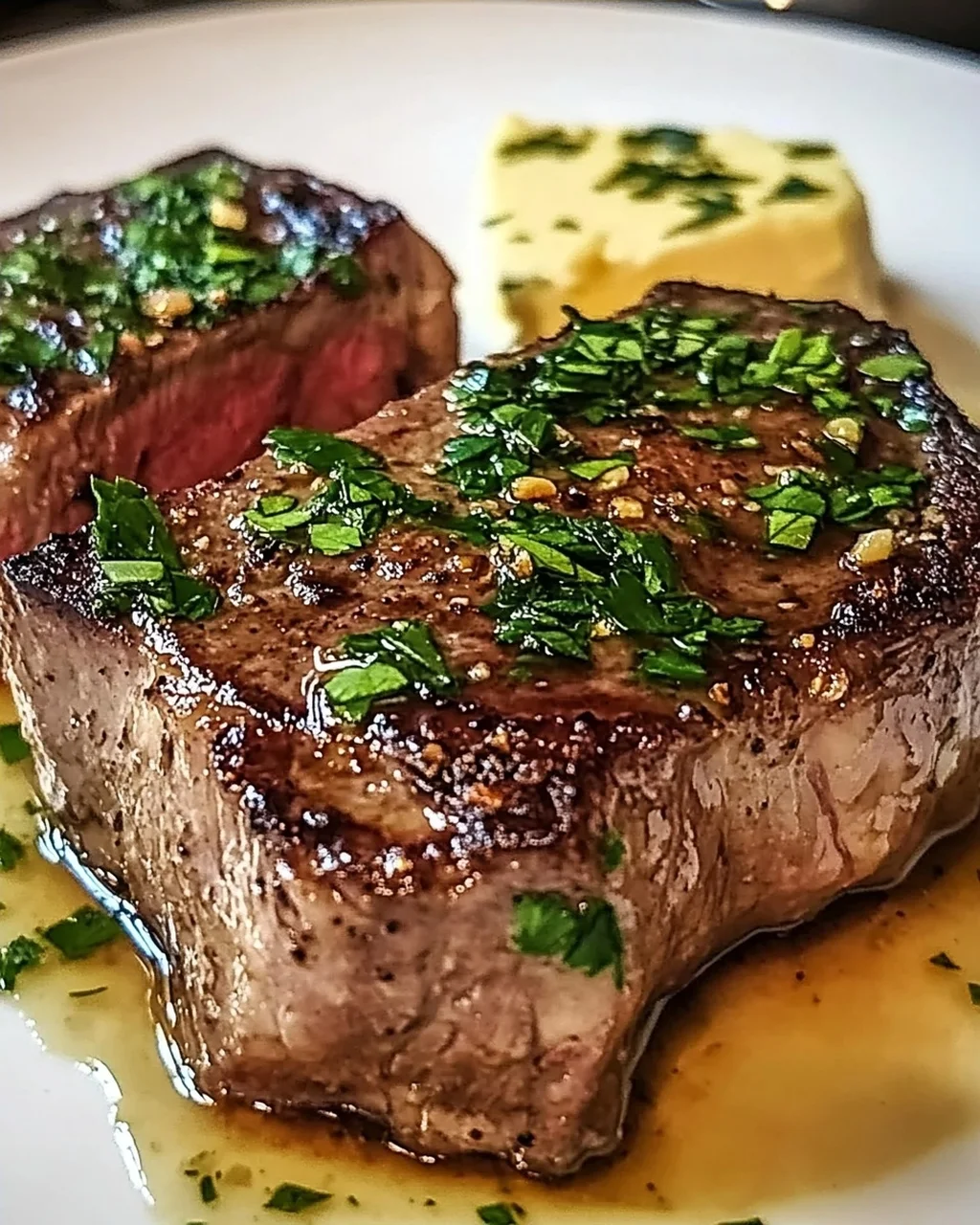Perfektes in der Pfanne gebratenes Steak mit Knoblauchbutter
