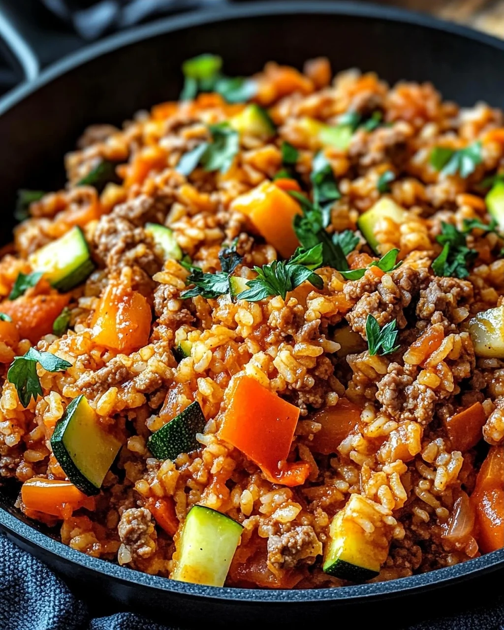 Reis-Hackfleisch-Pfanne mit Ajvar und Gemüse