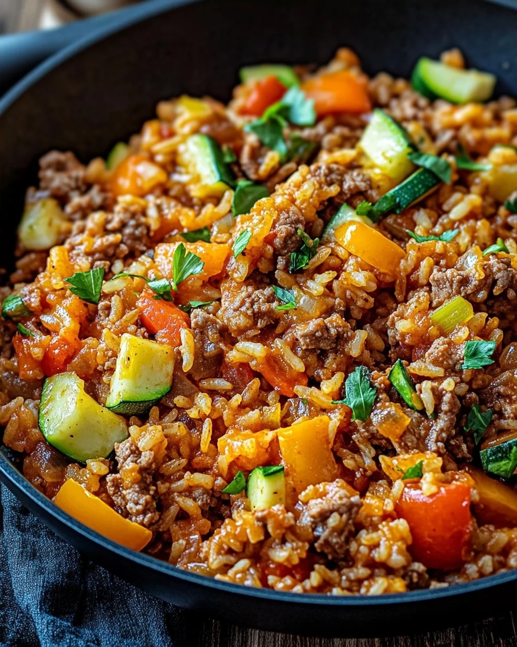 Reis-Hackfleisch-Pfanne mit Ajvar und Gemüse