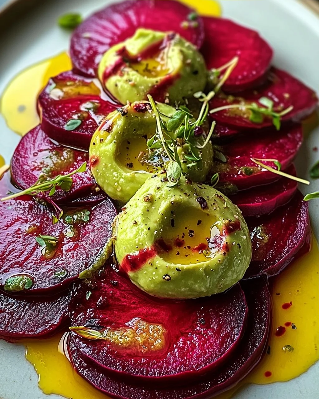 Rote Bete Carpaccio auf Avocadocreme