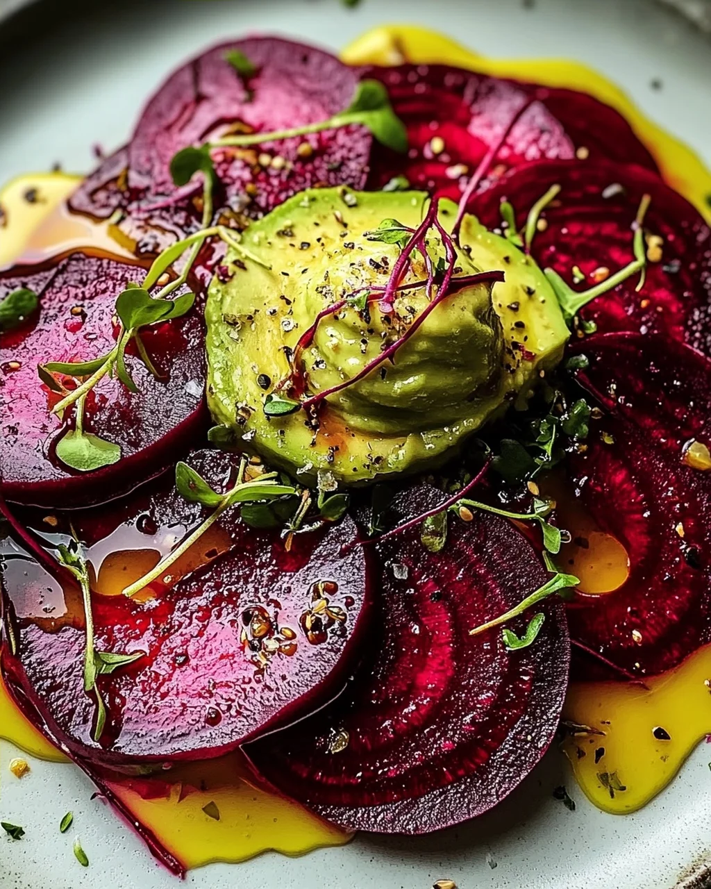 Rote Bete Carpaccio auf Avocadocreme