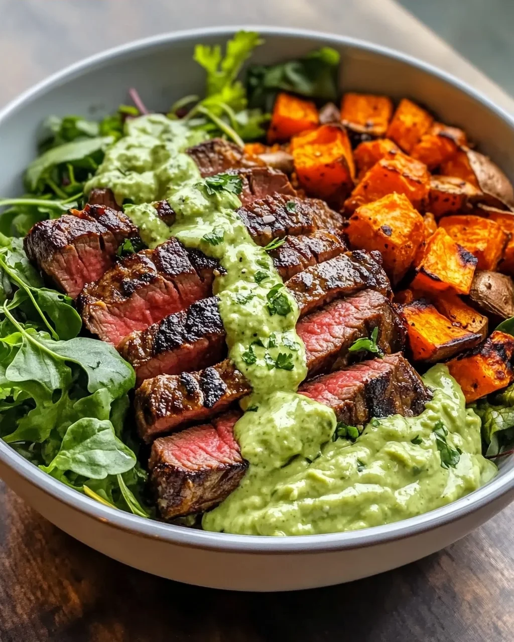 Steak und Süßkartoffel-Bowls mit Avocado-Koriander-Drizzle