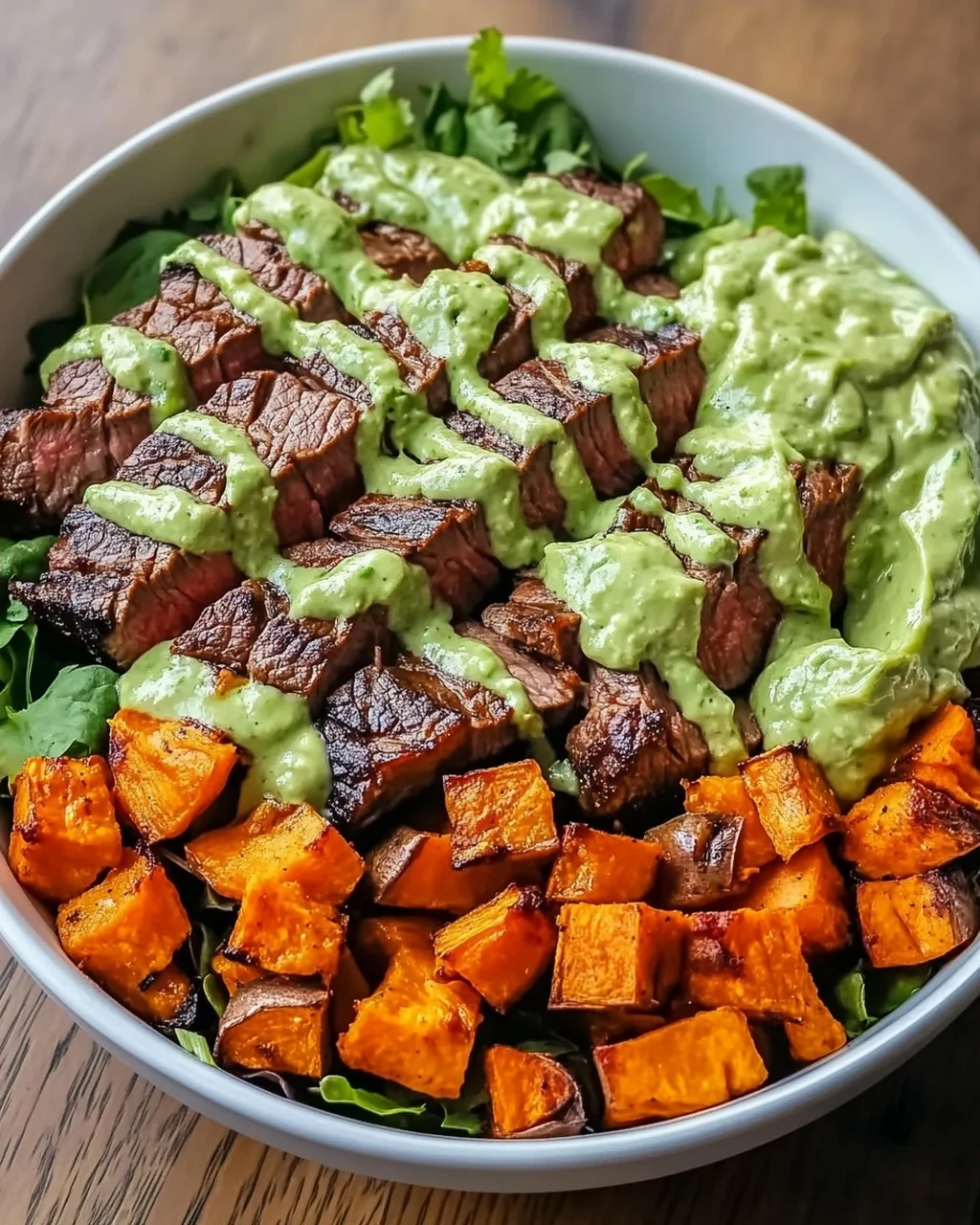 Steak und Süßkartoffel-Bowls mit Avocado-Koriander-Drizzle