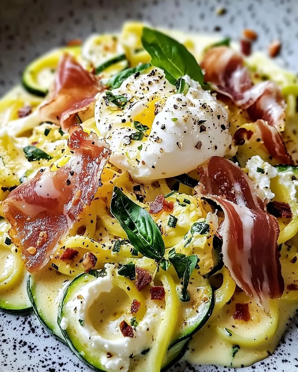 Zucchini Carbonara mit knusprigem Prosciutto und Burrata