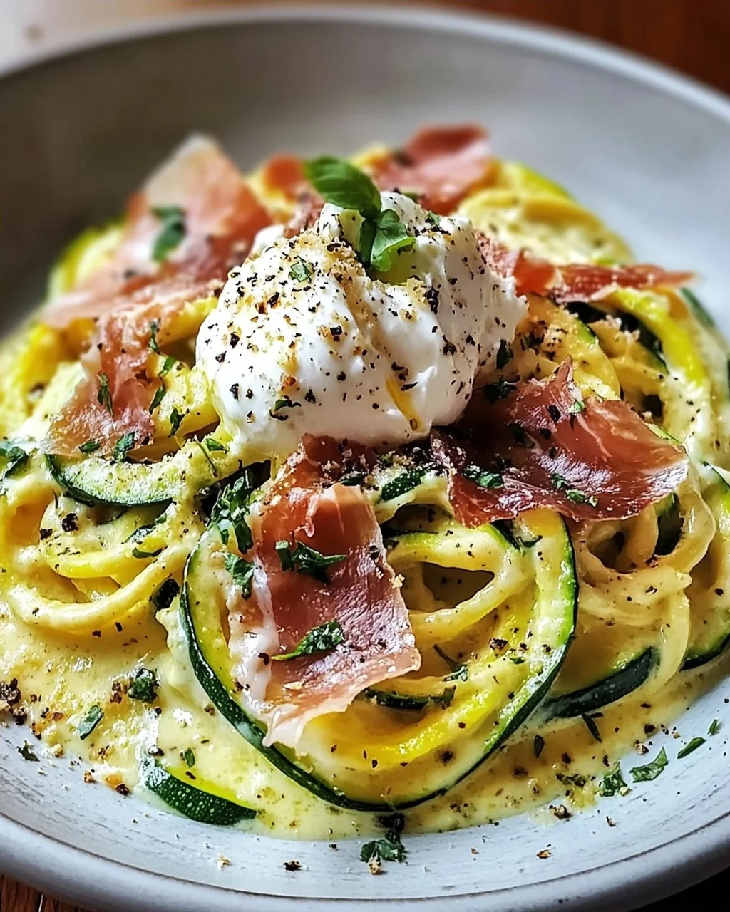 Zucchini Carbonara mit knusprigem Prosciutto und Burrata